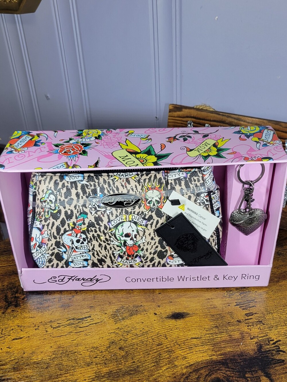 Ed Hardy Convertible Wristlet & Key Ring - Leopard Tattoo Print, Accents - Picture 2 of 11